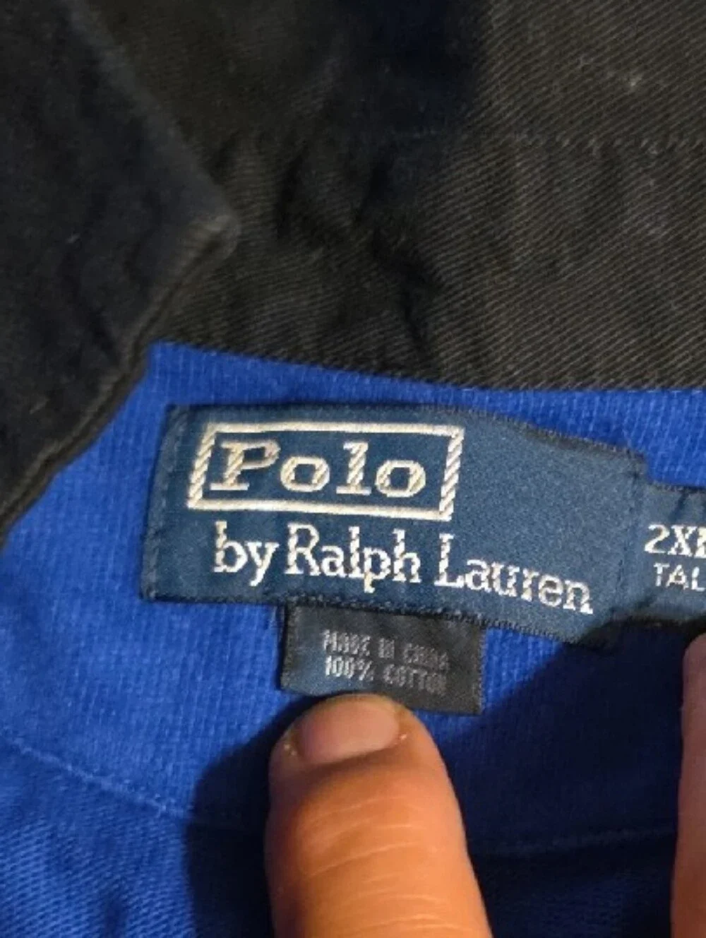 Vintage Ralph Lauren Blue Rugby Shirt with Crest and Black Collar
